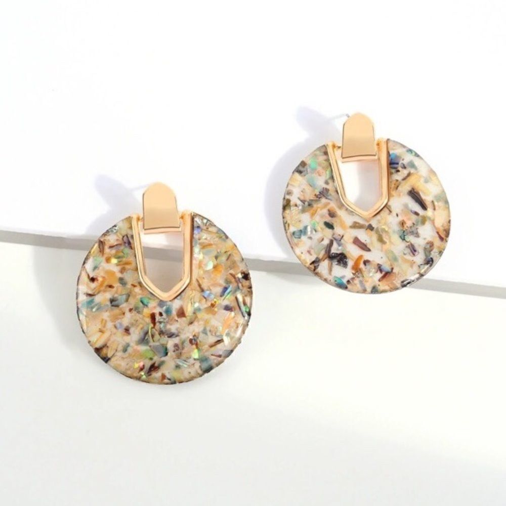 Broken Abalone Gold Circle Drop Earrings NWT